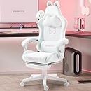 Dowinx Gaming Chair Cute with Cat Ears and Massage Lumbar Support, Ergonomic Computer Chair for Girl with Footrest and Headrest, Comfortable Reclining Game Chair 290lbs for Adult, Teen, White