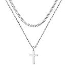 Yooblue Cross Necklace for Men, Mens Cross Necklace - Cross Chain Necklace for Men |18 Inches,Silver Layered Rope Chain Simple Cross Pendant Necklace, Dainty Mens Jewelry Gifts