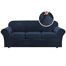 H.VERSAILTEX Modern Velvet Plush 4 Piece High Stretch Sofa Slipcover Strap Sofa Cover Furniture Protector Form Fit Luxury Thick Velvet Sofa Cover for 3 Cushion Couch, Machine Washable(Sofa,Navy)