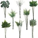 OrgMemory Artificial Leaves, Plastic Leaves, Fake Leaves, 48 Pcs with Stems, 8 Kinds Fake Plant Stems for Kitchen Garden, Balcony, Bedroom, Banquet, Wedding (Green Leaves)