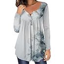 oelaio Women's 2023 Fall Casual Long Sleeve T-Shirt Notch Collar Button Pleated Blouses Marble Print Flowy Hem Tunic Tops Gray
