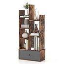 COSTWAY Tree Bookshelf, 7/12-Tier Wooden Bookcase Storage Shelving Unit with Folding Drawer, Freestanding Magazine Book Display Rack for Home Office Living Room (Rustic Brown with 1 Drawer, 7-Tier)