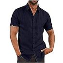 Generic Linen Shirts for Men Short Sleeve Lightweight Breathable Mens Casual Button Down Shirts Cotton Summer Beach Shirts Deal of The Day Prime Today only Clearance Navy
