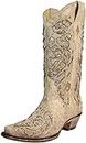 CORRAL LADIE'S BROWN INLAY & FLOWERED EMBROIDERY & STUDS & CRYSTALS, SNIP TOE, LEATHER SOLE, WESTERN, A3569