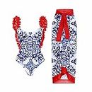 besiyes One Piece Swimsuit Women with Wrap Skirt Floral Printed Bathing Suit Monokini Vacation Beach Swimwear 2024, H-red, Medium