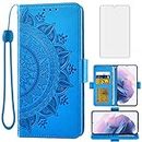 Asuwish Compatible with Samsung Galaxy S21 Glaxay S 21 5G 6.2 inch Wallet Case and Tempered Glass Screen Protector Card Holder Flip Wrist Strap Stand Cell Phone Cover for Gaxaly 21S G5 Women Men Blue