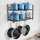 Pots and Pans Organizer, 2 Tier Hanging Pot Rack, 24 Inch Pan Organizer kitchen Shelves, Heavy Duty Wall Mounted Pot and Pan Organizer for Pans Set, Utensils, Cookware, Household