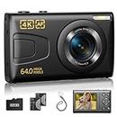 Digital Camera for Kids, 64MP Point and Shoot Digital Camera with 32GB Card, Fill Light, 18X Zoom, Loop Recoring, Compact Small 4K Camera Gift for Teens Boys Girls Black