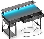 Rolanstar Computer Desk with Power Outlets & LED Light, 47 inch Home Office Desk with Drawers and Storage Shelves, Writing Desk with Monitor Stand, Modern Work Study Desk for Home Office,Carbon Black