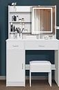 Furnilife Vanity Desk with Mirror Vanity Makeup Table with Square Mirror and Shelf, Side Cabinet, Dresser Desk and Cushioned Stool Set for Bedroom - White