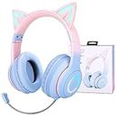 JYPS Kids Wireless Headphones for Girls, LED Light Up Cat Ear Childrens Bluetooth Headphones, Adjustable Headphones Over-ear with Microphone for Teenager/Adults Women/Tablet/iPad/PC pinkblue
