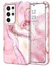YINLAI Samsung Galaxy S21 Ultra Case Marble Pattern 3 in 1 Full Body Rugged Hard PC Back Cover Bumper Drop Shockproof Protection Women Case for Samsung Galaxy S21 Ultra 6.8 Inch, Rose Gold Pink