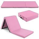 Goplus Folding Gymnastics Mat, Tri-fold 6’ x 2’ x 2’’ Tumbling Exercise Gym Mat with PU Leather Cover, Hook & Loop Fastener & Carrying Handles for Yoga Stretching Cheerleading Martial Arts (Pink)