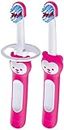 MAM Baby's Brush Pack of 2, Baby Toothbrushes With Safety Shields, Ideal for Teaching Dental Hygiene to Infants, Toothbrush for Babies, Suitable From Birth, Pink (Designs May Vary)