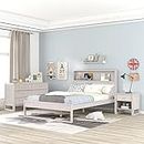 3-Piece Bedroom Set Full Size Wood Platform Bed Frame Built-in USB Port Headboard with A 6-Drawer Dresser and One Nightstand for Kids Teens Boys Girls Bedroom, Antique White