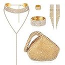 Sanfenly 6 Pieces Women Crystal Jewelry Set Rhinestone Choker Necklace Stretch Bangle Bracelet Ring Dangle Fringe Earrings Triangle Bling Glitter Purse for Bridal Wedding Party