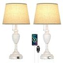Sucolite 24in Tall Table Lamps with 2 USB Charging Ports, Farmhouse Rustic Bedside Nightstand Lamps for Bedrooms Set of 2, End Table Lamps White for Living Room Office Dorm Reading