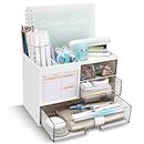 QIYVLOS Pen Organizer with 3 Drawer, Multi-Functional Pencil Holder for Desk, Desk Organizers and Accessories with 5 Compartments + Drawer for Office Art Supplies (White)