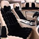 Luxury Thickened Plush Car Seat Cushion Set, Winter Universal Warm Faux Rabbit Fur Car Seat Cushions Set, Soft Fluffy Non-Slip Front and Back Seat Covers Plush Car Interior Seat Mats (A,Black)