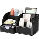 KINGFOM Pu Leather Desk Organiser Pen Pencil Holder Office Supplies Caddy Storage Box 6 Compartments with Drawer Black (Full Pu Leather)