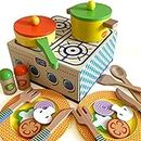 Bee Smart Wooden Kitchen Toy Set | Kids Pretend Playset With Pans, Food, Plates & Utensils | Kitchen Accessories Cook & Serve Toy for Imagination & Role Play | 22 Pieces | Boys & Girls Birthday Gifts