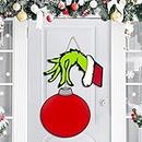 Grinchmas Wooden Hanging Sign - Christmas Front Door Decor With Tree Ornaments - Indoor Outdoor Party Decorations