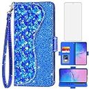 Asuwish Phone Case for Samsung Galaxy S10 Lite Wallet Cover with Tempered Glass Screen Protector and Wrist Strap Flip Credit Card Holder Bling Glitter Stand Cell S10lite S 10 10s A91 Women Girls Blue