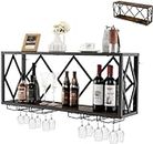 PASPRT Wine Racks 2-Tier Wall Mounted Wine Rack with Glass Holder and Bar Shelves - Rustic Brown Wall Wine Rack and Display Cabinet for Home Bar, Kitchen, Dining, Living Room