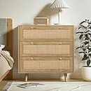 Anmytek Rattan Dresser for Bedroom, Modern Wood 3 Drawer Dresser Chest of Drawer with Rattan Doors Large Storage Space, H0027