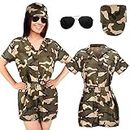Geyoga 3 Pcs Womens Pilot Flight Costume Set Military Costume Army Costume Camo Zip Front Uniform Dress Outfit Camouflage Hat and Sunglasses Soldier Costume for Halloween Cosplay Party, Medium
