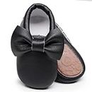 HONGTEYA Baby Moccasins with Rubber Sole - Flower Print PU Leather Tassel Bow Girls Ballet Dress Shoes for Toddler (18-24 Months/US 7/5.51''/ See Size Chart, Black)