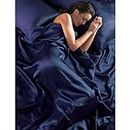 Navy Blue Satin Seamless Double Duvet Cover, Fitted Sheet and 4 Pillowcase Set by Country Club
