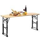 Goplus Folding Picnic Beer Table, Outdoor Camping Table with Umbrella Hole, Adjustable Heights and Wood Top, Portable Picnic Table for Patio Garden Party Backyard, No Assembly