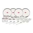 A ATTRO 24 Pieces Smart Stainless Steel Dinnerware/Dinner Set - 4 Thali, 4 D.Plate, 8 Bowl, 4 Glass, 4 Spoon, Kitchen Set for Home & Restaurants, Family - Silver,Floral