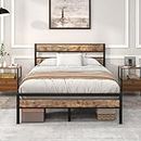 HOJINLINERO Bed Frame - Cadre de lit en métal - 120 x 200 cm - Avec sommier à lattes en métal/bois - Pour chambre à coucher, chambre d'amis, lit double - 120 x 200 cm - Marron vintage + noir
