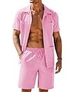COOFANDY Men's 2 Pieces Linen Shirts Set Casual Hippie Beach Outfits Button Down Guayabera Shirts and Shorts, XL, Pink