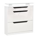 HOMCOM Shoe Cabinet w/ 3 Drawers, High Gloss Front Panels w/ Glass Top White