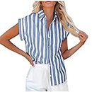 Ladies Cardigan Tops Womens Button Down Shirts Lapel Striped Printed Tee Shirt Casual Going Out Tops Short Sleeve Shirts Female V-Neck Loose T-Shirt Office Work Blouse Blue