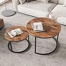 FOUBAM Round Nesting Coffee Table Set of 2 End Tables for Living Room Balcony, Stacking Industrial Side Table, Circular Wood Accent Furniture with Sturdy Metal Frame,Easy Assembly(Rustic Brown)