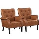 Yaheetech Modern Armchair, Mid Century PU Leather Accent Chair with Sturdy Wood Legs and High Back for Small Space, Upholstered Sofa Club Chair for Living Room/Bedroom, Set of 2, Retro Brown