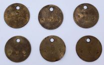 6 Tool Marks REMOTE Numbered Brass Round Perforated Workshop Bearing Token Old 