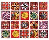 Shiv Kripa Blue Pottery Floral Festive Crafted Tabletop Flooring Wall Interior Exterior Decorative Traditional 2 x 2 inch Tiles Pack of 20 Tiles (Red & Multi)