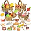 Lehoo Castle Wooden Play Food for Toddlers, Toys Food for Kids Kitchen Accessories, 4 Food Groups Pretend Cutting Fruits, Montessori Toys for Toddlers 2 3 4 Years Old Girls Boys