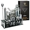 Mixology Bartender Kit – 24 Piece Silver Cocktail Shaker Set w/Stand – Essential Home Bar Accessories Martini Shaker, Jigger, Muddler, Chilling Cubes & More