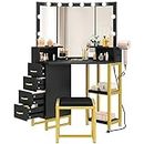 YITAHOME Makeup Vanity with Lights - Vanity Desk with Power Outlet, 3 Color Lighting Options, Corner Vanity with 4 Storage Drawers and Stool for Women Girls, Black