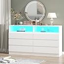 Gyfimoie 6 Drawer Double Dresser with Power Outlet, Accent Chests of Drawers with LED Light, Modern White Storage Dresser with Charging Station, (Mirror Not Included) (White)