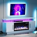 BELLEZE 70" TV Stand for TVs up to 75", LED Light Entertainment Center with 36" Electric Fireplace Heater, Storage Cabinet with USB AC Outlet, Media Console Table for Living Room - Avenue(White)