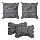 Lushomes Car Cushion Pillows for Neck, Back and Seat Rest, Pack of 4, Dark Grey Printed Velvet Material, 2 PCs of Bone Neck Rest Size: 6x10 Inches, 2 Pcs of Car Cushion Size: 12x12 Inches