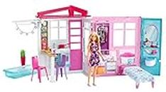 Barbie Doll and Dollhouse, Portable 1-Story Playset with Pool and Accessories, for 3 to 7 Year Olds, GWY84