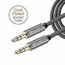 Amkette Nylon Braided Aux Audio Cable - 3.5 mm Gold Plated jack Male to Male tangle free for Car Stereo, speakers, headphones - 4.92 Feet (1.5 Meters) - (Grey)